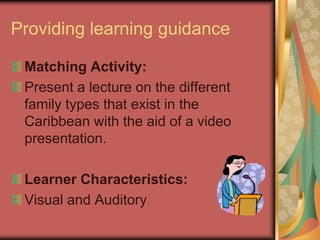 Providing learning guidance

 Matching Activity:
 Present a lecture on the different
 family types that exist in the
 Caribbean with the aid of a video
 presentation.

 Learner Characteristics:
 Visual and Auditory
 