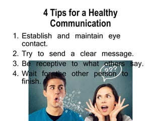 4 Tips for a Healthy
Communication
1. Establish and maintain eye
contact.
2. Try to send a clear message.
3. Be receptive to what others say.
4. Wait for the other person to
finish.
 