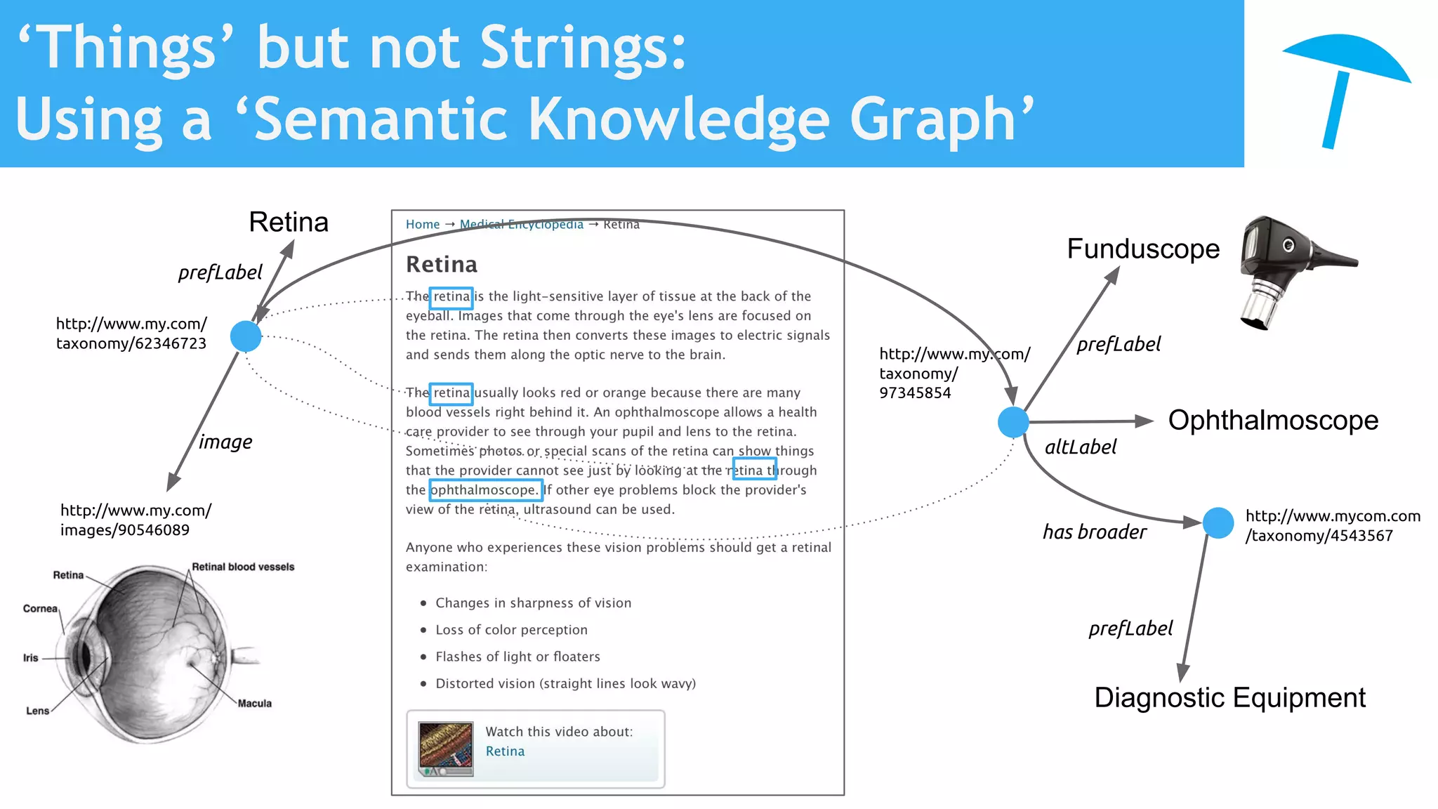 ‘Things’ but not Strings:
Using a ‘Semantic Knowledge Graph’
http://www.my.com/
taxonomy/62346723
prefLabel
Retina
image
http://www.my.com/
images/90546089
http://www.my.com/
taxonomy/
97345854
prefLabel
Funduscope
altLabel
Ophthalmoscope
http://www.mycom.com
/taxonomy/4543567
prefLabel
Diagnostic Equipment
has broader
 