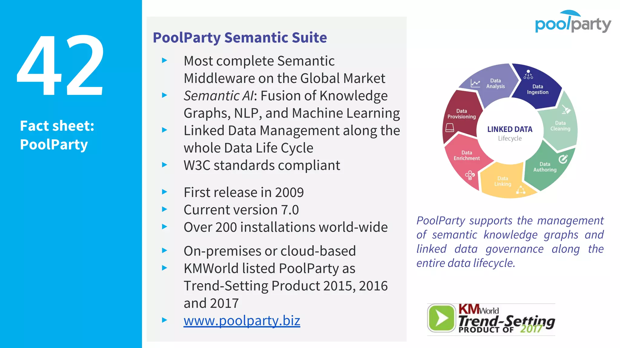 Fact sheet:
PoolParty
PoolParty Semantic Suite
▸ Most complete Semantic
Middleware on the Global Market
▸ Semantic AI: Fusion of Knowledge
Graphs, NLP, and Machine Learning
▸ Linked Data Management along the
whole Data Life Cycle
▸ W3C standards compliant
▸ First release in 2009
▸ Current version 7.0
▸ Over 200 installations world-wide
▸ On-premises or cloud-based
▸ KMWorld listed PoolParty as
Trend-Setting Product 2015, 2016
and 2017
▸ www.poolparty.biz
42
PoolParty supports the management
of semantic knowledge graphs and
linked data governance along the
entire data lifecycle.
 