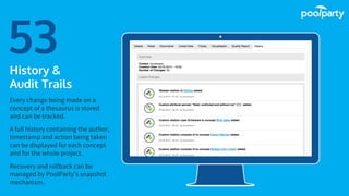Place your screenshot here
53History &
Audit Trails
Every change being made on a
concept of a thesaurus is stored
and can be tracked.
A full history containing the author,
timestamp and action being taken
can be displayed for each concept
and for the whole project.
Recovery and rollback can be
managed by PoolParty’s snapshot
mechanism.
 