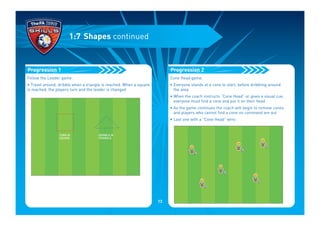 Follow the Leader game:
• Travel around, dribble when a triangle is reached. When a square
is reached, the players turn and the leader is changed
TURN IN
SQUARE
DRIBBLE IN
TRIANGLE
Progression 1
1:7 Shapes continued
Cone Head game:
• Everyone stands at a cone to start, before dribbling around
the area
• When the coach instructs “Cone Head” or gives a visual cue,
everyone must find a cone and put it on their head
• As the game continues the coach will begin to remove cones
and players who cannot find a cone on command are out
• Last one with a “Cone Head” wins
Progression 2
13
 