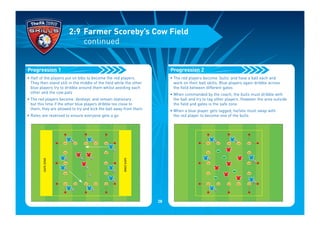 2:9 Farmer Scoreby’s Cow Field
continued
28
• Half of the players put on bibs to become the red players.
They then stand still in the middle of the field while the other
blue players try to dribble around them whilst avoiding each
other and the cow pats
• The red players become ‘donkeys’ and remain stationary
but this time if the other blue players dribble too close to
them, they are allowed to try and kick the ball away from them
• Roles are reversed to ensure everyone gets a go
SAFEZONE
SAFEZONE
Progression 1
• The red players become ‘bulls’ and have a ball each and
work on their ball skills. Blue players again dribble across
the field between different gates
• When commanded by the coach, the bulls must dribble with
the ball and try to tag other players. However the area outside
the field and gates is the safe zone
• When a blue player gets tagged, he/she must swap with
the red player to become one of the bulls
Progression 2
 