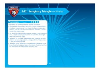 To progress the following methods could be considered:
• Using the ball positioned on the cone, 1 player uses his body to
shield and protect the ball from the other player who attempts
to knock it off the cone. This exercise is full contact in 1 minute
rounds then players swap
• For advanced players, players use the free ball in their triangular
area, 1 player leads in possession of the ball while shielding it
again from the other player
• The object for the player in possession is to travel into as many
different corners as possible in a designated time. Players score
1 point per corner reached
• The above can be advanced to a 1v1 situation in the whole circle
area where the lead player again attempts to shield the ball from
the other player for a designated amount of time
Progressions
3:12 Imaginary Triangle continued
51
 