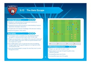 • Develop an understanding of fundamental movements,
dribbling and running with the ball
• Challenge thinking and stimulate an understanding of special
awareness and player interaction
• To appreciate and improve knowledge of the decision-making
• Improve the players’ motor skills
• A rectangular area is marked out on the playing field with
two gates in close proximity to each other on each side
• Players are positioned in the middle of the area with a ball each
and 4 other players (also with a ball) are placed between each
set of gates as a ‘guard’
• The middle player’s aim is to get exit the area via dribbling
through a gate, but the guard’s objective is to tag them while
controlling their ball
• Once the escaping players escape the area they must re-enter
through the tunnel
Description
Learning outcomes
3:13 The Gate Escape
• Players can start with the ball in hand
• Allow players to escape through the gates using
different methods
• Increase/Decrease size of area
• Increase/Decrease size of the gates
Differentiation/inclusion
I Technical Outcomes I Psychological Outcomes I Physical Outcomes I Social Outcomes
52
 
