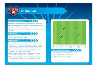 • Develop an understanding of passing, receiving and turning
• Challenge thinking and stimulate an understanding of spatial
awareness and player interaction
• To appreciate and improve knowledge of the decision-making
process
• Players move around the area in pairs, passing the ball
to each other through the gates
To progress the following methods could be considered:
• Players pass the ball on the ground using different parts of
the foot before progressing onto one touch passes. Players
should consider turning on the receive with no touches
• Players should use other skills to pass the ball through
the gates – back heel or drop volley etc
• Players should use other parts of the body, e.g. the thigh
or head, when passing or receiving the ball
• Add blockers to the gates and encourage the players to
turn using many touches if there is a blocker in the gate
Progressions
Description
Learning outcomes
4:1 Gate Task
• Allow players to travel with the ball in hand
• Increase/Reduce the size of the gates
• Add/Remove the number of gates
Differentiation/inclusion
I Technical Outcomes I Psychological Outcomes I Physical Outcomes I Social Outcomes
57
 