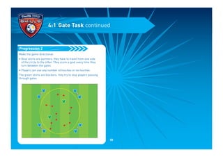 Make the game directional:
• Blue shirts are partners; they have to travel from one side
of the circle to the other. They score a goal every time they
turn between the gates
• Players can use any number of touches or no touches
The green shirts are blockers; they try to stop players passing
through gates
Progression 2
4:1 Gate Task continued
58
 