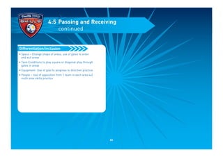 • Space – Change shape of areas, use of gates to enter
and exit areas
• Task-Conditions to play square or diagonal-play through
gates in areas
• Equipment- Use of goal to progress to direction practice
• People – Use of opposition from 1 team in each area 4v2
multi area skills practice
Differentiation/inclusion
4:5 Passing and Receiving
continued
66
 