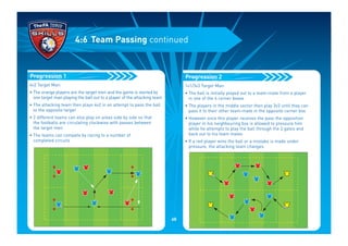 4v2 Target Man:
• The orange players are the target men and the game is started by
one target man playing the ball out to a player of the attacking team
• The attacking team then plays 4v2 in an attempt to pass the ball
to the opposite target
• 2 different teams can also play on areas side by side so that
the footballs are circulating clockwise with passes between
the target men
• The teams can compete by racing to a number of
completed circuits
Progression 1
4:6 Team Passing continued
1v1/3v3 Target Man:
• The ball is initially played out to a team-mate from a player
in one of the 4 corner boxes
• The players in the middle sector then play 3v3 until they can
pass it to their other team-mate in the opposite corner box
• However once this player receives the pass the opposition
player in his neighbouring box is allowed to pressure him
while he attempts to play the ball through the 2 gates and
back out to his team mates
• If a red player wins the ball or a mistake is made under
pressure, the attacking team changes
Progression 2
68
 