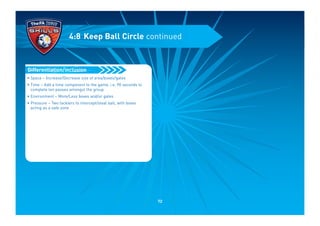 • Space – Increase/Decrease size of area/boxes/gates
• Time – Add a time component to the game, i.e. 90 seconds to
complete ten passes amongst the group
• Environment – More/Less boxes and/or gates
• Pressure – Two tacklers to intercept/steal ball, with boxes
acting as a safe zone
Differentiation/inclusion
4:8 Keep Ball Circle continued
72
 