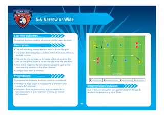 To improve decision-making of when to dribble, pass or shoot
• The red attacking players work in twos to attack the goal
• The green defending players defend within their zone which is
marked by lines
• The aim for the red team is to create a shot on goal but the
aim for the green player is to win the ball from the attackers
• Once either happens the two attacking players cycle to the
next starting position in the other channel
• Change roles every 5 minutes
To progress the following methods could be considered:
• Introduce a third player to support the 2 attackers and
create a 3v1 overload
• Defenders have no restrictions, and can defend as a
two when there is a 3v1 overload creating an instant
3v2 situation
Progressions
Description
Learning outcomes
5:6 Narrow or Wide
Size of the area should be set appropriately for the age &
ability of the players, e.g. 40 x 30yds
Differentiation/inclusion
I Technical Outcomes I Psychological Outcomes I Physical Outcomes I Social Outcomes
NARROW SECTION
WIDE SECTION
82
 