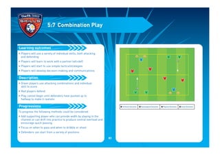 • Players will use a variety of individual skills, both attacking
and defending
• Players will learn to work with a partner (att+def)
• Players will start to use simple tactics/strategies
• Players will develop decision-making and communications
• Green players use attacking combinations and individual
skill to score
• Red players defend
• Play cannot begin until defenders have pushed up to
halfway to make it realistic
To progress the following methods could be considered:
• Add supporting player who can provide width by staying in the
channel or can drift into practice to produce central overload and
encourage quick passing
• Focus on when to pass and when to dribble or shoot
• Defenders can start from a variety of positions
Progressions
Description
Learning outcomes
5:7 Combination Play
I Technical Outcomes I Psychological Outcomes I Physical Outcomes I Social Outcomes
83
 