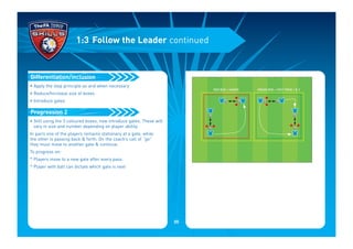 • Apply the step principle as and when necessary
• Reduce/Increase size of boxes
• Introduce gates
• Still using the 3 coloured boxes, now introduce gates. These will
vary in size and number depending on player ability.
In pairs one of the players remains stationary at a gate, while
the other is passing back & forth. On the coach’s call of “go”
they must move to another gate & continue.
To progress on:
* Players move to a new gate after every pass.
* Player with ball can dictate which gate is next
Progression 2
Differentiation/inclusion
1:3 Follow the Leader continued
RED BOX = HANDS GREEN BOX = FEET PROG 1 & 2
05
 