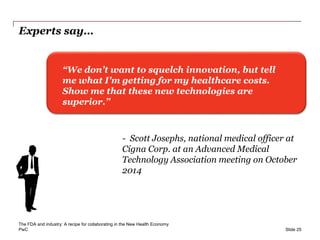 PwC
Experts say…
Slide 25
“We don’t want to squelch innovation, but tell
me what I'm getting for my healthcare costs.
Show me that these new technologies are
superior.”
- Scott Josephs, national medical officer at
Cigna Corp. at an Advanced Medical
Technology Association meeting on October
2014
The FDA and industry: A recipe for collaborating in the New Health Economy
 