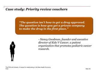 PwC
“The question isn’t how to get a drug approved.
The question is how you get a private company
to make the drug in the first place.”
Case study: Priority review vouchers
Slide 36
- Nancy Goodman, founder and executive
director of Kids V Cancer, a patient
organization that promotes pediatric cancer
research.
The FDA and industry: A recipe for collaborating in the New Health Economy
 