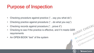 Purpose of Inspection
• Checking procedure against practice (“…say you what do”)
• Checking practice against procedure (“…do what you say”)
• Checking records against procedure (“…prove it”)
• Checking to see if the practice is effective, and if it meets QSR
requirements
• An OPEN BOOK “test” of the system
 