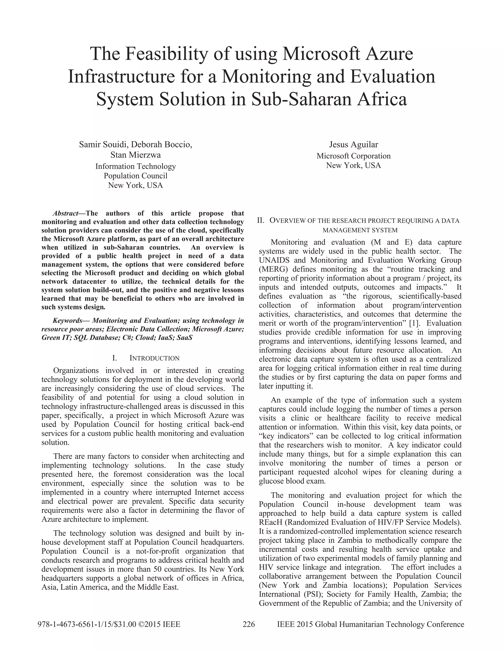 The feasibility of using microsoft azure infrastructure for a ...