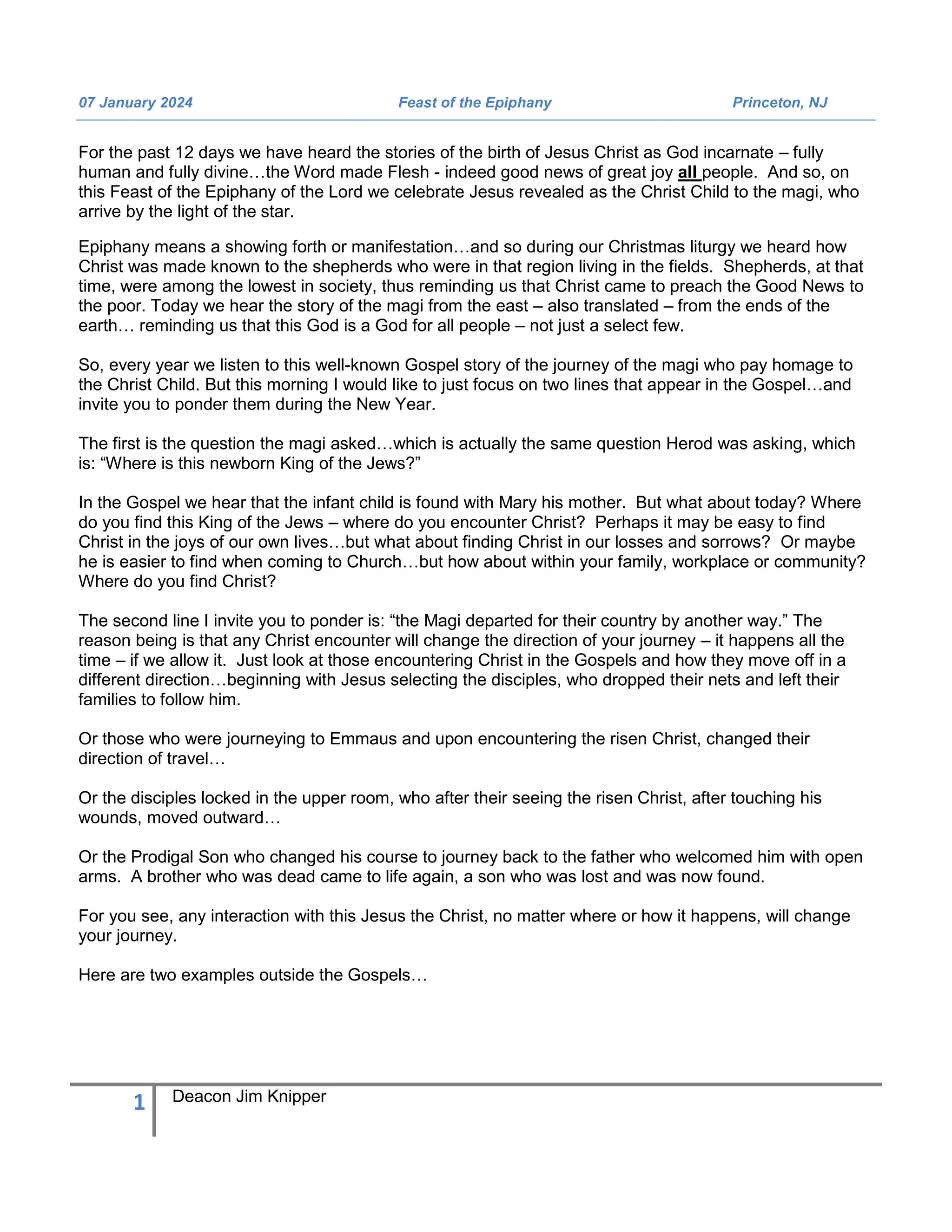 Homily The Feast of the Epiphany for 2025 PDF