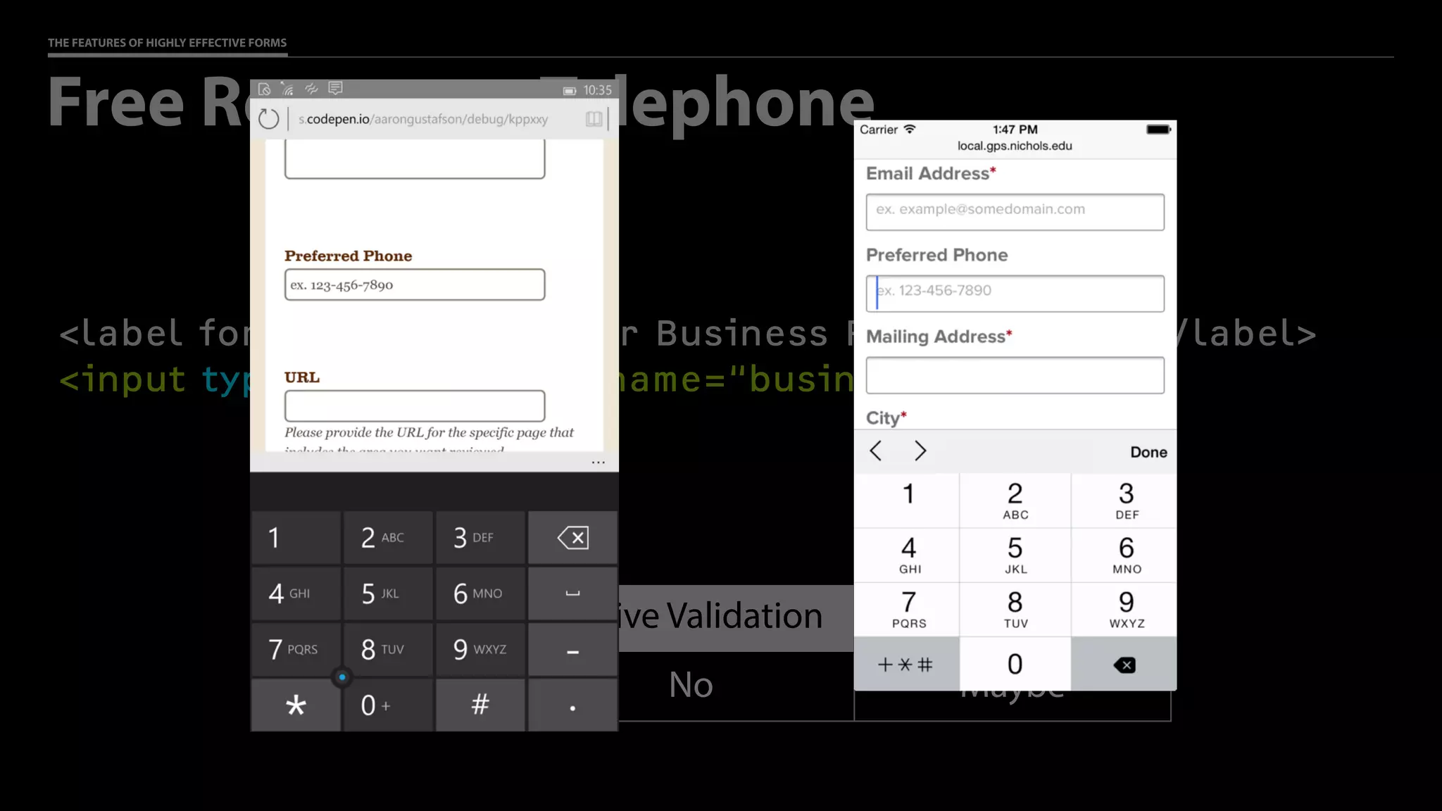 THE FEATURES OF HIGHLY EFFECTIVE FORMS
<label for=“tel”>What’s Your Business Phone Number?</label>
<input type=“tel” id=“tel” name=“business_phone”>
Free Response: Telephone
Appearance Native Validation Custom Keyboard
Text Field No Maybe
 