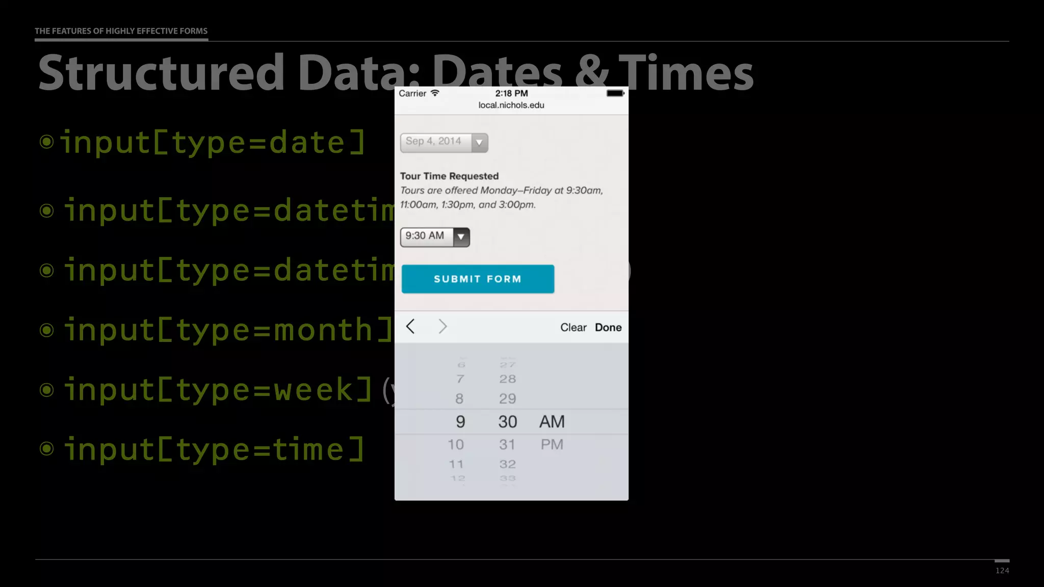 THE FEATURES OF HIGHLY EFFECTIVE FORMS
Structured Data: Dates & Times
๏ input[type=date]
๏ input[type=datetime] (global)
๏ input[type=datetime-local] (local)
๏ input[type=month] (year & month)
๏ input[type=week] (year & week)
๏ input[type=time]
124
 