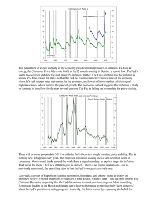 The persistence of excess capacity in the economy puts downward pressure on inflation. Ex-food &
energy, the Consumer Price Index rose 0.6% in the 12 months ending in October, a record low. The Fed’s
stated goal of price stability does not mean 0% inflation. Rather, The Fed’s implicit goal for inflation is
around 2%. One reason for that is so that the Fed has room to maneuver interest rates if the economy
slows. It’s real interest rates that matter for the economy, and lower inflation implies (all else equal)
higher real rates, which dampen the pace of growth. The economic outlook suggests that inflation is likely
to continue to trend low for the next several quarters. The Fed is failing on its mandate for price stability.
There will be some proposals in 2011 to shift the Fed’s focus to a single mandate: price stability. This is
nothing new. It happens every year. The proposed legislation usually dies a well-deserved death in
committee. Most central banks around the world have a signal mandate: an explicit target for inflation.
That works for them. The Fed’s inflation goal is implicit – there is no formal mechanism – but as
previously mentioned, the prevailing view is that the Fed’s two goals are really one.
Last week, a group of Republican-leaning economists, historians, and others – none an expert on
monetary policy (with the exceptions of Stanford’s John Taylor, which is odd) – sent an open letter to Fed
Chairman Bernanke requesting that the Fed discontinue its asset purchase program. More unsettling,
Republican leaders in the House and Senate sent a letter to Bernanke expressing their “deep concerns”
about the Fed’s quantitative easing program. Ironically, the letter started by expressing the belief that
 