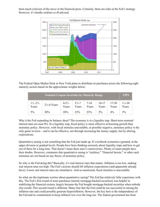 been much criticism of the move in the financial press. Certainly, there are risks in the Fed’s strategy.
However, it’s hardly reckless or ill-advised.
The Federal Open Market Desk in New York plans to distribute its purchases across the following eight
maturity sectors based on the approximate weights below:
Nominal Coupon Securities by Maturity Range TIPS
1½ -2½
Years
2½-4 Years
4-5½
Years
5½-7
Years
7-10
Years
10-17
Years
17-30
Years
1½-30
Years
5% 20% 20% 23% 23% 2% 4% 3%
Why it the Fed expanding its balance sheet? The economy is in a liquidity trap. Short-term nominal
interest rates are near 0%. In a liquidity trap, fiscal policy is more effective at boosting growth than
monetary policy. However, with fiscal stimulus unavailable, or possibly negative, monetary policy is the
only game in town – and it can be effective, not through increasing the money supply, but by altering
expectations.
Quantitative easing is not something that the Fed just made up. It’s textbook economics (granted, at the
upper division or gradual level). People have been thinking seriously about liquidity traps and how to get
out of them for a long time. That doesn’t mean there aren’t controversies. Plenty of smart people have
their doubts. However, comments that quantitative easing is “reckless,” “financial heroin,” or other such
nonsense are not based on any theory of monetary policy.
So why is the Fed doing this? Basically, it’s real interest rates that matter. Inflation is too low, making
real interest rates too high. The Fed’s actions should lift inflation expectations (and apparently already
have). Lower real interest rates are stimulative. And as mentioned, fiscal stimulus is unavailable.
So what are the legitimate worries about quantitative easing? The Fed has relatively little experience with
this. The Fed’s first round of asset purchases (mostly mortgage-backed securities) was helpful in
stabilizing the financial system, largely because the Fed bought mortgage-backed securities when nobody
else would. This second round is different. Many fear that the Fed could be too successful in raising the
inflation rate and could possibly generate hyperinflation. However, the key here is the independence of
the Fed and its commitment to keep inflation low over the long run. The federal government has been
 