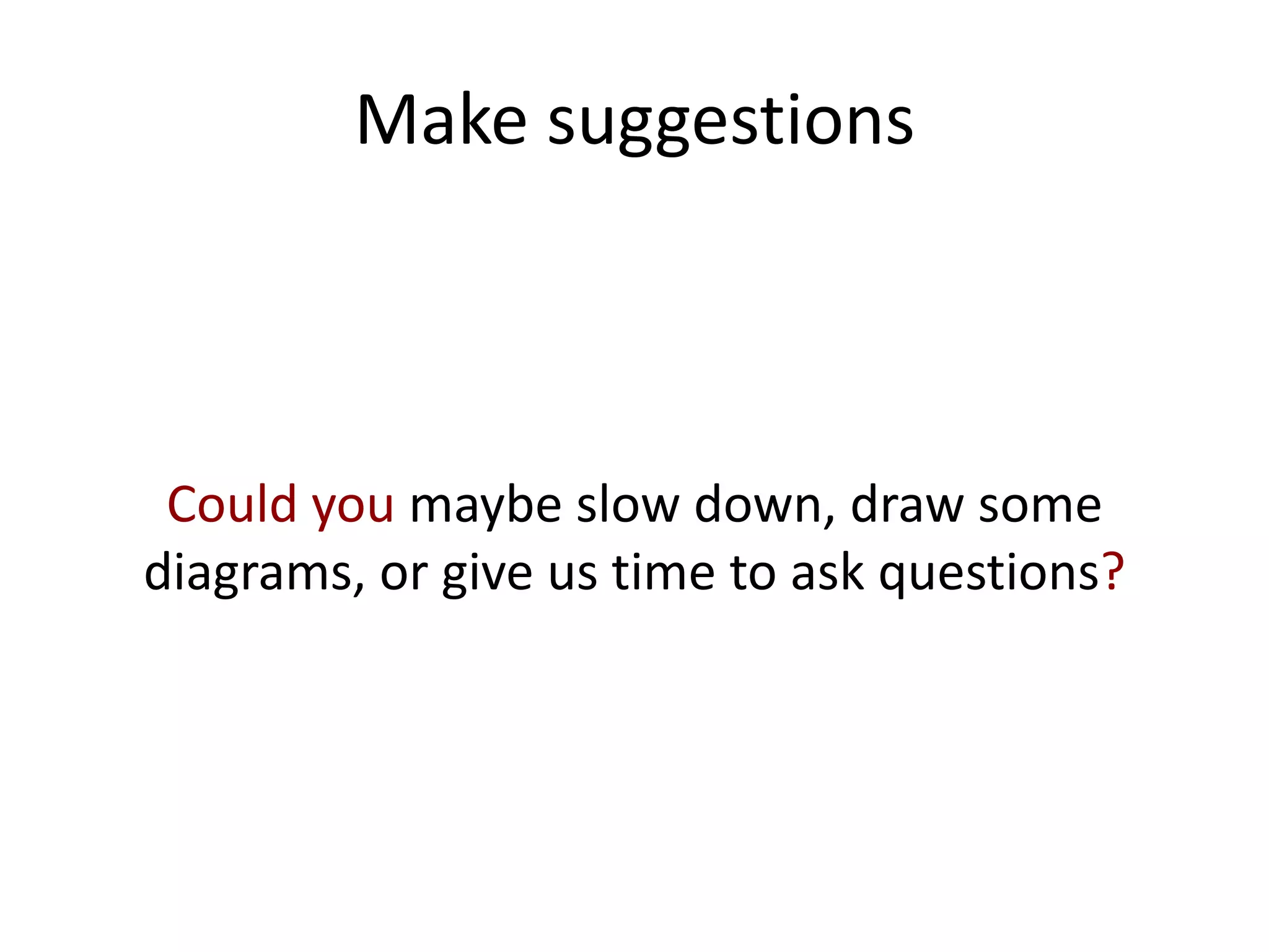 Make suggestions



 Could you maybe slow down, draw some
diagrams, or give us time to ask questions?
 
