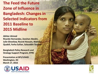 The Feed the Future
Zone of Influence in
Bangladesh: Changes in
Selected Indicators from
2011 Baseline to
2015 Midline
Akhter Ahmed
Ricardo Hernandez, Zeeshan Abedin,
Julie Ghostlaw, Nusrat Hossain, Wahidur
Quabili, Farha Sufian, Salauddin Tauseef
Bangladesh Policy Research and
Strategy Support Program, IFPRI
Presentation at BFS/USAID
Washington, DC
March 17, 2016
 
