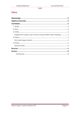 Unidad Didáctica                                                                     “Los sentimientos”
                                                                 Inglés

Índice


Metodología ............................................................................................................... 2
Objetivos Generales .................................................................................................. 2
Actividades ................................................................................................................. 3
   1. Songs ............................................................................................................................. 3
   2. Story ............................................................................................................................... 4
   3. Crafts ............................................................................................................................. 5
      Puppets are a great way to teach young children about feelings: ................ 5
   4. Poems............................................................................................................................ 5
      Who feels happy today? ........................................................................................... 5
   5. Game ............................................................................................................................ 6
      Musical Chairs .............................................................................................................. 6
Recursos ...................................................................................................................... 6
Anexos......................................................................................................................... 8
          Vocabulary ............................................................................................................... 8




Marta López y Lorena Cebrián 2ºC                                                                                             Página 1
 