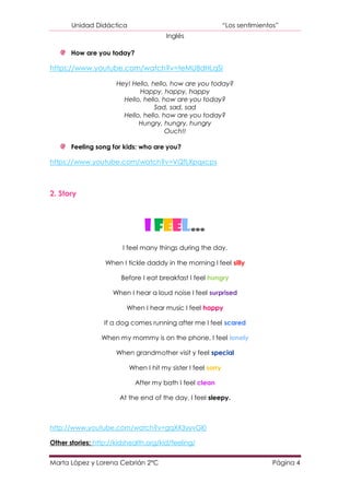 Unidad Didáctica                                       “Los sentimientos”
                                       Inglés

       How are you today?

https://www.youtube.com/watch?v=teMU8dHLqSI

                      Hey! Hello, hello, how are you today?
                             Happy, happy, happy
                        Hello, hello, how are you today?
                                   Sad, sad, sad
                        Hello, hello, how are you today?
                             Hungry, hungry, hungry
                                       Ouch!!

       Feeling song for kids: who are you?

https://www.youtube.com/watch?v=VQfLXpqxcps



2. Story



                               I FEEL…
                        I feel many things during the day.

                  When I tickle daddy in the morning I feel silly

                        Before I eat breakfast I feel hungry

                     When I hear a loud noise I feel surprised

                         When I hear music I feel happy

                  If a dog comes running after me I feel scared

                 When my mommy is on the phone, I feel lonely

                      When grandmother visit y feel special

                          When I hit my sister I feel sorry

                            After my bath I feel clean

                       At the end of the day, I feel sleepy.



http://www.youtube.com/watch?v=gqXX3yyvGI0

Other stories: http://kidshealth.org/kid/feeling/


Marta López y Lorena Cebrián 2ºC                                              Página 4
 