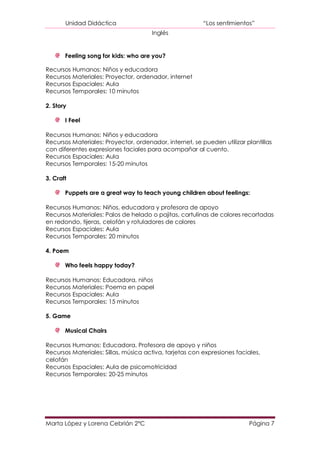 Unidad Didáctica                                  “Los sentimientos”
                                      Inglés


       Feeling song for kids: who are you?

Recursos Humanos: Niños y educadora
Recursos Materiales: Proyector, ordenador, internet
Recursos Espaciales: Aula
Recursos Temporales: 10 minutos

2. Story

       I Feel

Recursos Humanos: Niños y educadora
Recursos Materiales: Proyector, ordenador, internet, se pueden utilizar plantillas
con diferentes expresiones faciales para acompañar al cuento.
Recursos Espaciales: Aula
Recursos Temporales: 15-20 minutos

3. Craft

       Puppets are a great way to teach young children about feelings:

Recursos Humanos: Niños, educadora y profesora de apoyo
Recursos Materiales: Palos de helado o pajitas, cartulinas de colores recortadas
en redondo, tijeras, celofán y rotuladores de colores
Recursos Espaciales: Aula
Recursos Temporales: 20 minutos

4. Poem

       Who feels happy today?

Recursos Humanos: Educadora, niños
Recursos Materiales: Poema en papel
Recursos Espaciales: Aula
Recursos Temporales: 15 minutos

5. Game

       Musical Chairs

Recursos Humanos: Educadora, Profesora de apoyo y niños
Recursos Materiales: Sillas, música activa, tarjetas con expresiones faciales,
celofán
Recursos Espaciales: Aula de psicomotricidad
Recursos Temporales: 20-25 minutos




Marta López y Lorena Cebrián 2ºC                                          Página 7
 
