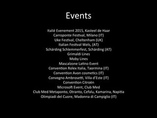 Events	
  
Italië	
  Evenement	
  2015,	
  Kasteel	
  de	
  Haar	
  
Carroponte	
  Fes;val,	
  Milano	
  (IT)	
  
Uke	
  Fes;val,	
  Cheltenham	
  (UK)	
  
Italian	
  Fes;val	
  Wels,	
  (AT)	
  
Schärding	
  Schlemmerfest,	
  Schärding	
  (AT)	
  
Grimaldi	
  Lines	
  
Moby	
  Lines	
  
Mascalzone	
  La;no	
  Event	
  
Conven;on	
  Rolex	
  Italia,	
  Taormina	
  (IT)	
  
Conven;on	
  Avon	
  cosme;cs	
  (IT)	
  
Convegno	
  Ambrosee,	
  Villa	
  d’Este	
  (IT)	
  
Conven;on	
  Citroën	
  
Microsof	
  Event,	
  Club	
  Med	
  
Club	
  Med	
  Metaponto,	
  Otranto,	
  Cefalu,	
  Kamarina,	
  Napi;a	
  
Olimpiadi	
  del	
  Cuore,	
  Madonna	
  di	
  Campiglio	
  (IT)	
  
	
  
 