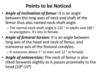 Points to be Noticed
• Angle of inclination of femur: It is an angle
between the long axes of neck and shaft of the
femur thus also named neck-shaft angle.
– The normal neck-shaft angle is 125 ° in adults and 160 °
in youngsters. It’s less in female.
• Angle of femoral torsion: It is an angle between
long axis of the head and neck of femur, and
transverse axis of the femoral condyles.
– It measures about 7 ° in men and 12 ° in female)
• Angle of anteversion: The neck of femur is also
tilted forwards slightly as it passes proximally to the
head.(10⁰-15⁰)
 