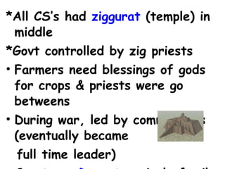 *All CS’s had  ziggurat  (temple) in middle *Govt controlled by zig priests Farmers need blessings of gods for crops & priests were go betweens During war, led by commanders (eventually became  full time leader) Creates a  Dynasty - single family rule 