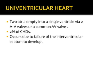  Two atria empty into a single ventricle via 2
A-V valves or a common AV valve .
 2% of CHDs.
 Occurs due to failure of the interventricular
septum to develop .
 