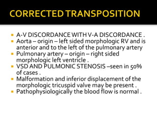  A-V DISCORDANCEWITHV-A DISCORDANCE .
 Aorta – origin – left sided morphologic RV and is
anterior and to the left of the pulmonary artery
 Pulmonary artery – origin – right sided
morphologic left ventricle .
 VSD AND PULMONIC STENOSIS –seen in 50%
of cases .
 Malformation and inferior displacement of the
morphologic tricuspid valve may be present .
 Pathophysiologically the blood flow is normal .
 