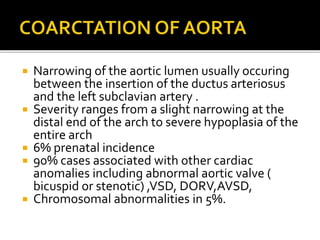  Narrowing of the aortic lumen usually occuring
between the insertion of the ductus arteriosus
and the left subclavian artery .
 Severity ranges from a slight narrowing at the
distal end of the arch to severe hypoplasia of the
entire arch
 6% prenatal incidence
 90% cases associated with other cardiac
anomalies including abnormal aortic valve (
bicuspid or stenotic) ,VSD, DORV,AVSD,
 Chromosomal abnormalities in 5%.
 