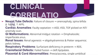CLINICAL
CORRELATIO
N
Neural Tube Defects: Failure of closure → anencephaly, spina bifida
(
↓ folate, ↑ AFP).
Cardiac Anomalies: Faulty septation → ASD, VSD, TOF picked on NT/
anomaly scan.
GI Malformations: Abnormal midgut rotation → Omphalocele;
imperforate anus.
Renal Issues: Renal agenesis → oligohydramnios & Potter sequence;
pelvic kidney.
Respiratory Problems: Surfactant deficiency in preterm → RDS.
Craniofacial Defects: Failed fusion → cleft lip/palate.
Placental & Cord Abnormalities: Previa/accreta, single umbilical
 