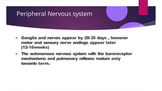 Peripheral Nervous system
Ganglia and nerves appear by 28-35 days , however
motor and sensory nerve endings appear later
(12-16weeks)
The autonomous nervous system with the baroreceptor
mechanisms and pulmonary reflexes mature only
towards term.
 
