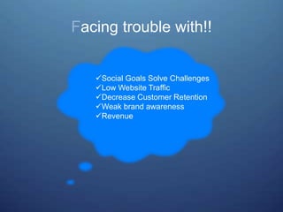 Facing trouble with!!
Social Goals Solve Challenges
Low Website Traffic
Decrease Customer Retention
Weak brand awareness
Revenue
 