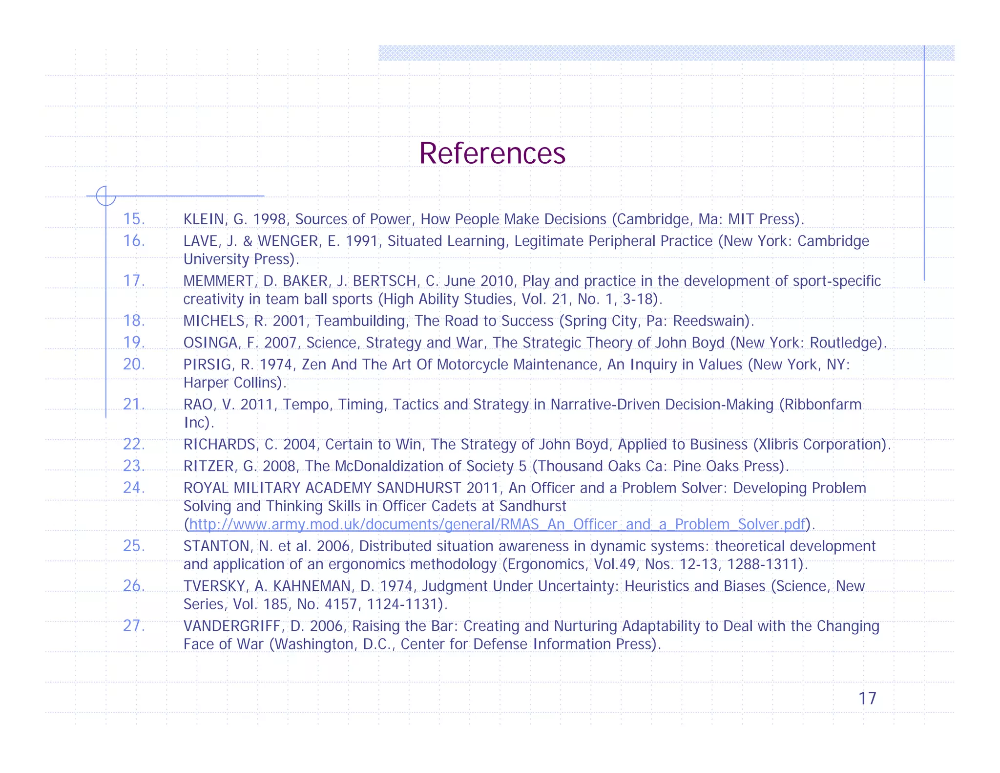 References
15.
16.
17.
18.
19.
20.
21.
22.
23.
24.
25.
26.
27.

KLEIN, G. 1998, Sources of Power, How People Make Decisions (Cambridge, Ma: MIT Press).
LAVE, J. & WENGER, E. 1991, Situated Learning, Legitimate Peripheral Practice (New York: Cambridge
University Press).
MEMMERT, D. BAKER, J. BERTSCH, C. June 2010, Play and practice in the development of sport-specific
creativity in team ball sports (High Ability Studies, Vol. 21, No. 1, 3-18).
MICHELS, R. 2001, Teambuilding, The Road to Success (Spring City, Pa: Reedswain).
OSINGA, F. 2007, Science, Strategy and War, The Strategic Theory of John Boyd (New York: Routledge).
PIRSIG, R. 1974, Zen And The Art Of Motorcycle Maintenance, An Inquiry in Values (New York, NY:
Harper Collins).
RAO, V. 2011, Tempo, Timing, Tactics and Strategy in Narrative-Driven Decision-Making (Ribbonfarm
Inc).
RICHARDS, C. 2004, Certain to Win, The Strategy of John Boyd, Applied to Business (Xlibris Corporation).
RITZER, G. 2008, The McDonaldization of Society 5 (Thousand Oaks Ca: Pine Oaks Press).
ROYAL MILITARY ACADEMY SANDHURST 2011, An Officer and a Problem Solver: Developing Problem
Solving and Thinking Skills in Officer Cadets at Sandhurst
(http://www.army.mod.uk/documents/general/RMAS_An_Officer_and_a_Problem_Solver.pdf).
STANTON, N. et al. 2006, Distributed situation awareness in dynamic systems: theoretical development
and application of an ergonomics methodology (Ergonomics, Vol.49, Nos. 12-13, 1288-1311).
TVERSKY, A. KAHNEMAN, D. 1974, Judgment Under Uncertainty: Heuristics and Biases (Science, New
Series, Vol. 185, No. 4157, 1124-1131).
VANDERGRIFF, D. 2006, Raising the Bar: Creating and Nurturing Adaptability to Deal with the Changing
Face of War (Washington, D.C., Center for Defense Information Press).

17

 