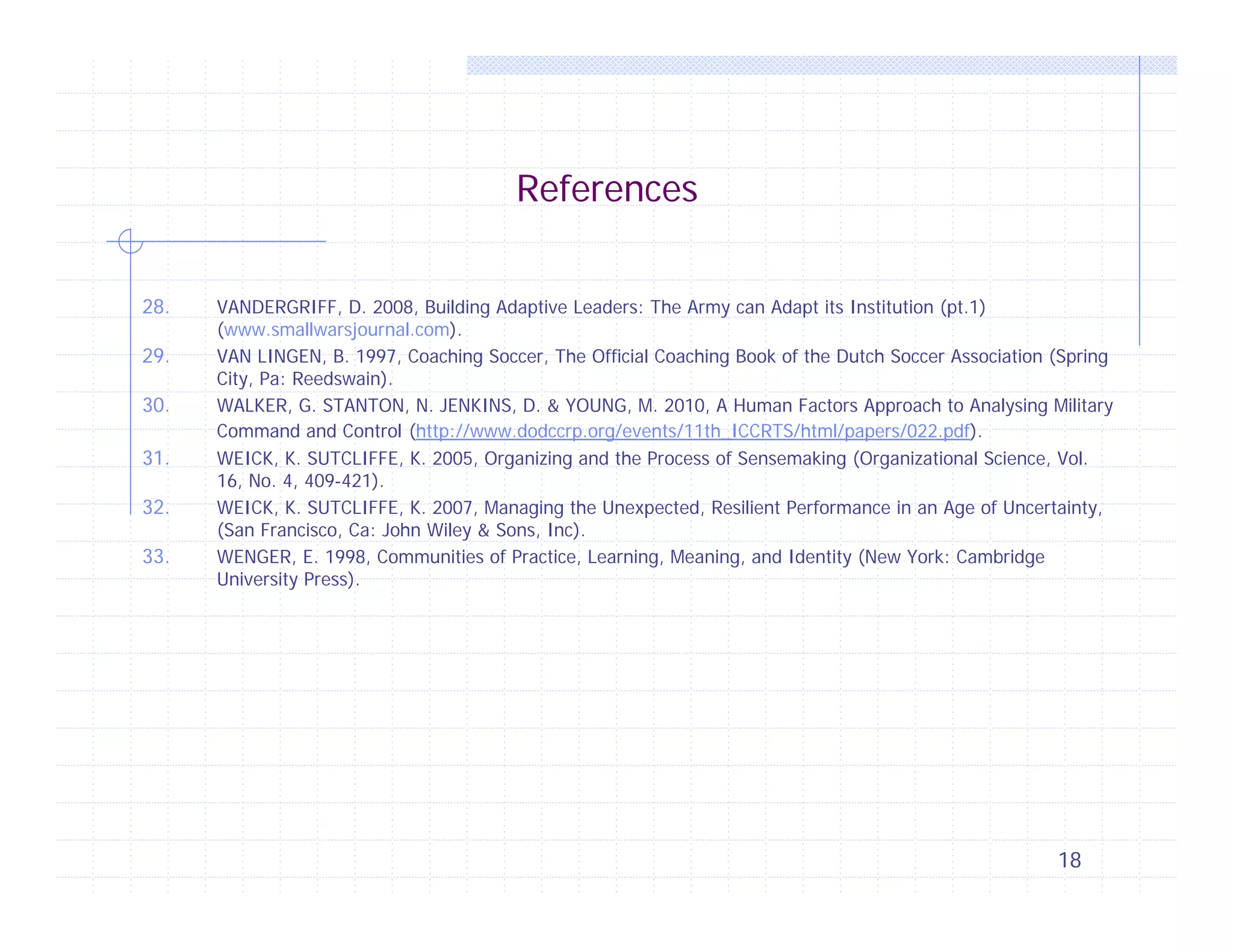 References
28.
29.
30.
31.
32.
33.

VANDERGRIFF, D. 2008, Building Adaptive Leaders: The Army can Adapt its Institution (pt.1)
(www.smallwarsjournal.com).
VAN LINGEN, B. 1997, Coaching Soccer, The Official Coaching Book of the Dutch Soccer Association (Spring
City, Pa: Reedswain).
WALKER, G. STANTON, N. JENKINS, D. & YOUNG, M. 2010, A Human Factors Approach to Analysing Military
Command and Control (http://www.dodccrp.org/events/11th_ICCRTS/html/papers/022.pdf).
WEICK, K. SUTCLIFFE, K. 2005, Organizing and the Process of Sensemaking (Organizational Science, Vol.
16, No. 4, 409-421).
WEICK, K. SUTCLIFFE, K. 2007, Managing the Unexpected, Resilient Performance in an Age of Uncertainty,
(San Francisco, Ca: John Wiley & Sons, Inc).
WENGER, E. 1998, Communities of Practice, Learning, Meaning, and Identity (New York: Cambridge
University Press).

18

 