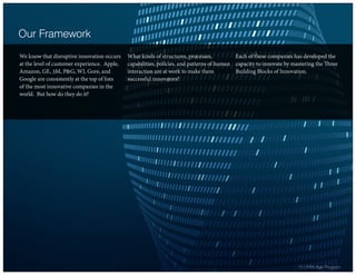 We know that disruptive innovation occurs
at the level of customer experience. Apple,
Amazon, GE, 3M, P&G, WL Gore, and
Google are consistently at the top of lists
of the most innovative companies in the
world. But how do they do it?
What kinds of structures, processes,
capabilities, policies, and patterns of human
interaction are at work to make them
successful innovators?
Each of these companies has developed the
capacity to innovate by mastering the Three
Building Blocks of Innovation.
Our Framework
11 | Fifth Age Program
 