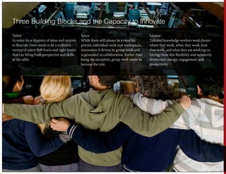 Talent
In order for a diversity of ideas and outputs
to flourish, there needs to be a sufficient
variety of talent (left-brain and right brain)
that can bring fresh perspective and skills
to the table.
Space
While there will always be a need for
private, individual work and workspaces,
innovation is driven by group work and
is grounded in collaboration. Rather than
being the exception, group work needs to
become the rule.
License
Talented knowledge workers want choice-
where they work, when they work, how
they work, and what they are working on.
Giving them this flexibility and autonomy
drives their energy, engagement, and
productivity.
Three Building Blocks and the Capacity to Innovate
12 | Fifth Age Program
 