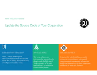 WORK EVOLUTION TOOLKIT
Update the Source Code of Your Corporation
FIFTH AGE INDEX
This is our culture score
instrument that assesses how far
along towards the Fifth Age of
Work a company is. We use it
as a benchmark to measure the
transformation process.
NOMATIK HOTSPOT
In partnership with Seats2Meet, we enable
a corporate coworking space with a social
mesh/community management software that
enables participants to richly share insights and
collaborate on projects in the space.
INTRODUCTORY WORKSHOP
This is a full day workshop that
introduces organizations to the data and
trends that are driving the transformation
of workplaces around the world.
16 | Fifth Age Program
 