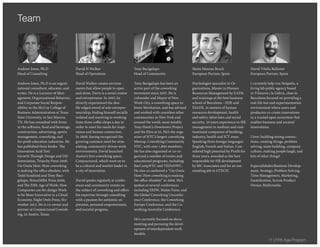 Andrew Jones, Ph.D
Head of Consulting
Andrew Jones, Ph.D is an organi-
zational consultant, educator, and
writer. He is a Lecturer of Man-
agement, Organizational Behavior,
and Corporate Social Respon-
sibility in the McCoy College of
Business Administration at Texas
State University, in San Marcos,
TX. He has consulted with firms
in the software, food and beverage,
construction, advertising, sports
management, coworking, and
for-profit education industries. He
has published three books- The
Innovation Acid Test:
Growth Through Design and Dif-
ferentiation, Triarchy Press 2008,
I’m Outta Here: How coworking
is making the office obsolete, with
Todd Sundsted and Tony Baci-
galupo, NotanMBA Press 2009,
and The Fifth Age of Work: How
Companies can Re-design Work
to be More Innovative in a Cloud
Economy, Night Owls Press, No-
vember 2013. He is co-owner and
partner at Conjunctured Cowork-
ing, in Austin, Texas.
David H Walker
Head of Operations
David Walker creates environ-
ments that allow people to open
and shine. Davis is a serial creator
and entrepreneur. In 2007, he
directly experienced the dou-
ble-edged sword of solo entrepre-
neuriship, finding himself socially
isolated and resorting to working
from three coffee shops a day in
order to meet his needs for inspi-
ration and human connection.
In 2008, having recognized the
growing common need for stim-
ulating, community-driven work
environments, David launched
Austin’s first coworking space,
Conjunctured, which went on to
be a cultural and market leader in
a city of innovation.
David speaks regularly at confer-
ences and community events on
the subject of coworking and offers
his expertise through consulting
with a passion for authentic ex-
pression, personal empowerment,
and societal progress.
Tony Bacigalupo
Head of Community
Tony Bacigalupo has been an
active part of the coworking
movement since 2007. He is
cofounder and Mayor of New
Work City, a coworking space in
lower Manhattan, and has advised
and worked with countless other
communities in New York and
around the world, most notably
Tony Hsieh’s Downtown Project
and the Hive at 55. He’s the orga-
nizer of NYC’s largest coworking
Meetup, Coworking Community
NYC, with over 1,800 members.
He has also organized or co-or-
ganized a number of events and
educational programs, including
BarCampNYC and TEDxNWC.
He also co-authored a “I’m Outta
Here: How coworking is making
the office obsolete” in 2009. He’s
spoken at several conferences
including SXSW, Maker Faire, and
the Global Coworking Unconfer-
ence Conference, the Coworking
Europe Conference, and the Co-
working Australia Conference.
He’s currently focused on docu-
menting and pursuing the devel-
opment of interdependent work
models.
Maite Moreno Bosch
European Partner, Spain
Psychologist specialist in Or-
ganizations, Master in Human
Resources Management by EADA
and trainings at the best business
school of Barcelona - IESE and
ESADE, in matters of human
resources development, health
and safety, labor laws and social
security. 20 years experience in HR
management in medium and mul-
tinational companies of building,
industry, health and ICT areas.
Speaking three foreign languages:
English, French and Italian. Con-
sidered high potential by Pirelli for
three years, awarded as the best
responsible for HR development
by MC Associates and for an out-
standing job in GTECH
David Vilella Ballester
European Partner, Spain
I currently help run Neàpolis, a
living lab public agency based
in Vilanova i la Geltrú, close to
Barcelona focused on providing a
real-life test and experimentation
environment where users and
producers co-create innovations
in a trusted open ecosystem that
enables business and societal
innovations.
I love: building strong connec-
tions, creating things, problem
solving, team building, company
culture, making people laugh, and
lots of other things!
Especialidades:Business Develop-
ment, Strategy, Problem Solving,
Time Management, Marketing,
Gamification, Scrum Product
Owner, Multimedia
Team
17 | Fifth Age Program
 
