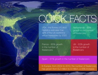 QUICK FACTS
USA - the Bureau of Labor
Statistics estimates that
40% of the US workforce
will be freelancers by 2020
In Europe, from 2004 to 2013, the number of freelancers
has grown from 6.2 million to 9 million, a 45% increase
Netherlands - 93%
growth in the number
of freelancers
Spain - 51% growth in the number of freelancers
UK - 63% growth
in the number of
freelancers
France - 85% growth
in the number of
freelancers
7 | Fifth Age Program
 