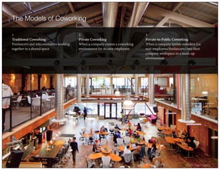 1
Traditional Coworking
Freelancers and telecommuters working
together in a shared space
2
Private Coworking
When a company creates a coworking
environment for its own employees
3
Private-to-Public Coworking
When a company invites outsiders (i.e.
non-employees/freelancers) into their
company workspace in a mash-up
environment
The Models of Coworking
9 | Fifth Age Program
 