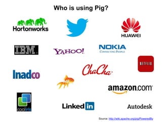 Who is using Pig?




              Source: http://wiki.apache.org/pig/PoweredBy
 