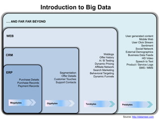 Introduction to Big Data

…. AND FAR FAR BEYOND



WEB                                                                                  User generated content
                                                                                                 Mobile Web
                                                                                          User Click Stream
                                                                                                  Sentiment
                                                                                             Social Network
                                                                                     External Demographics
CRM                                                                    Weblogs         Business Data Feeds
                                                                   Offer history                   HD Video
                                                                   A / B Testing              Speech to Text
                                                              Dynamic Pricing         Product / Service Logs
                                                              Affiliate Network                  SMS / MMS
                                                             Search Marketing
ERP                                    Segmentation        Behavioral Targeting
                                        Offer Details        Dynamic Funnels
        Purchase Details           Customer Touches
       Purchase Records             Support Contacts
       Payment Records




  Megabytes                  Gigabytes                  Terabytes                  Petabytes




                                                                                   Source: http://datameer.com
 